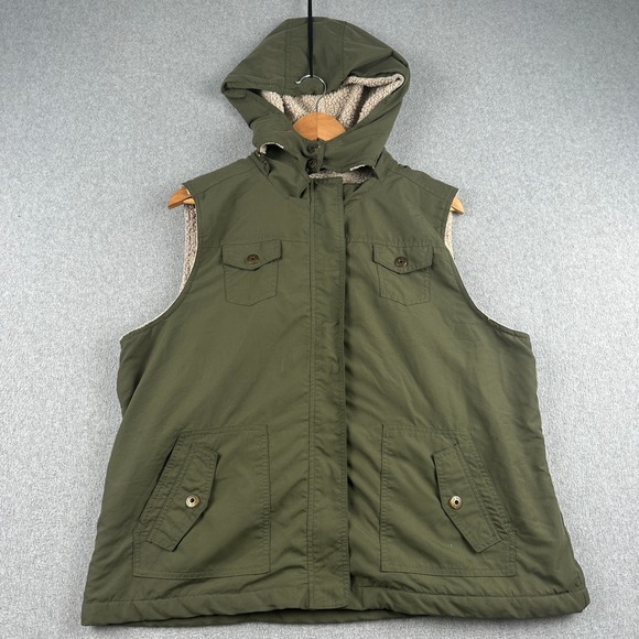 Sonoma Goods For Life Jackets & Blazers - Sonoma Vest Womens XL Life Style Olive Green Sherpa Lined Hooded Utility